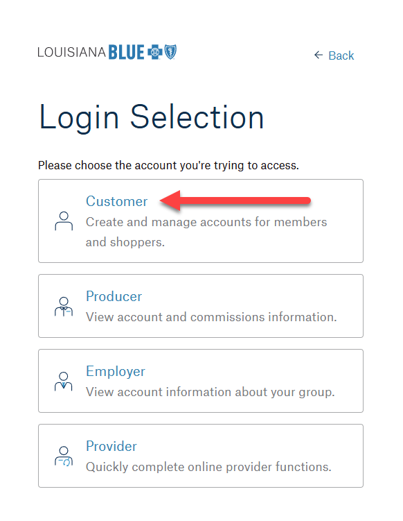 Picture of login selection screen with arrow pointing to Customer link