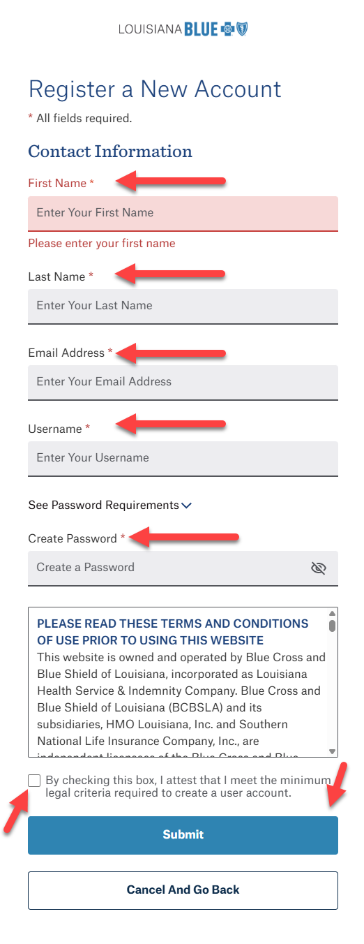 Picture of login screen with arrows pointing to all required information