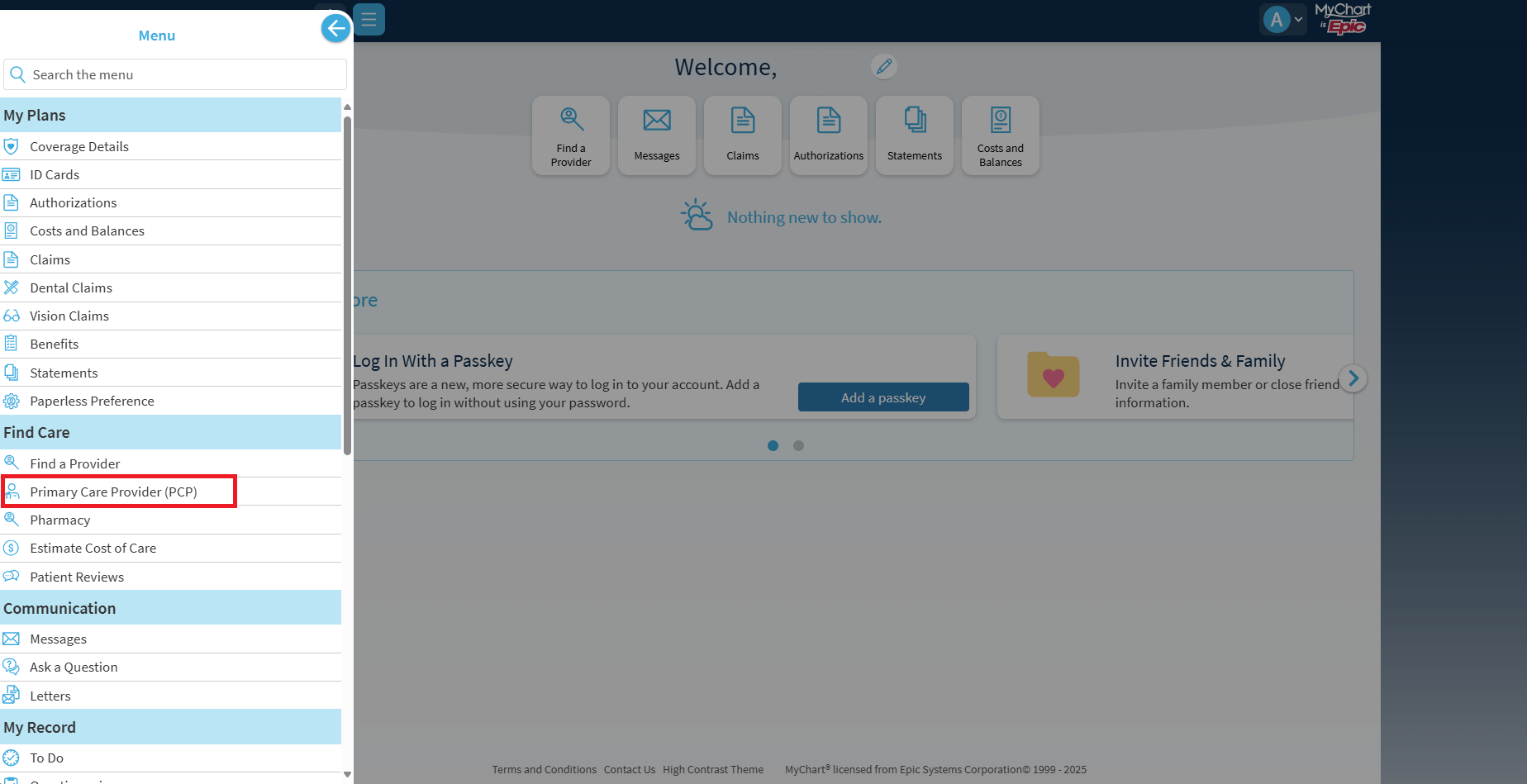 Screenshot of Primary Care Provider link